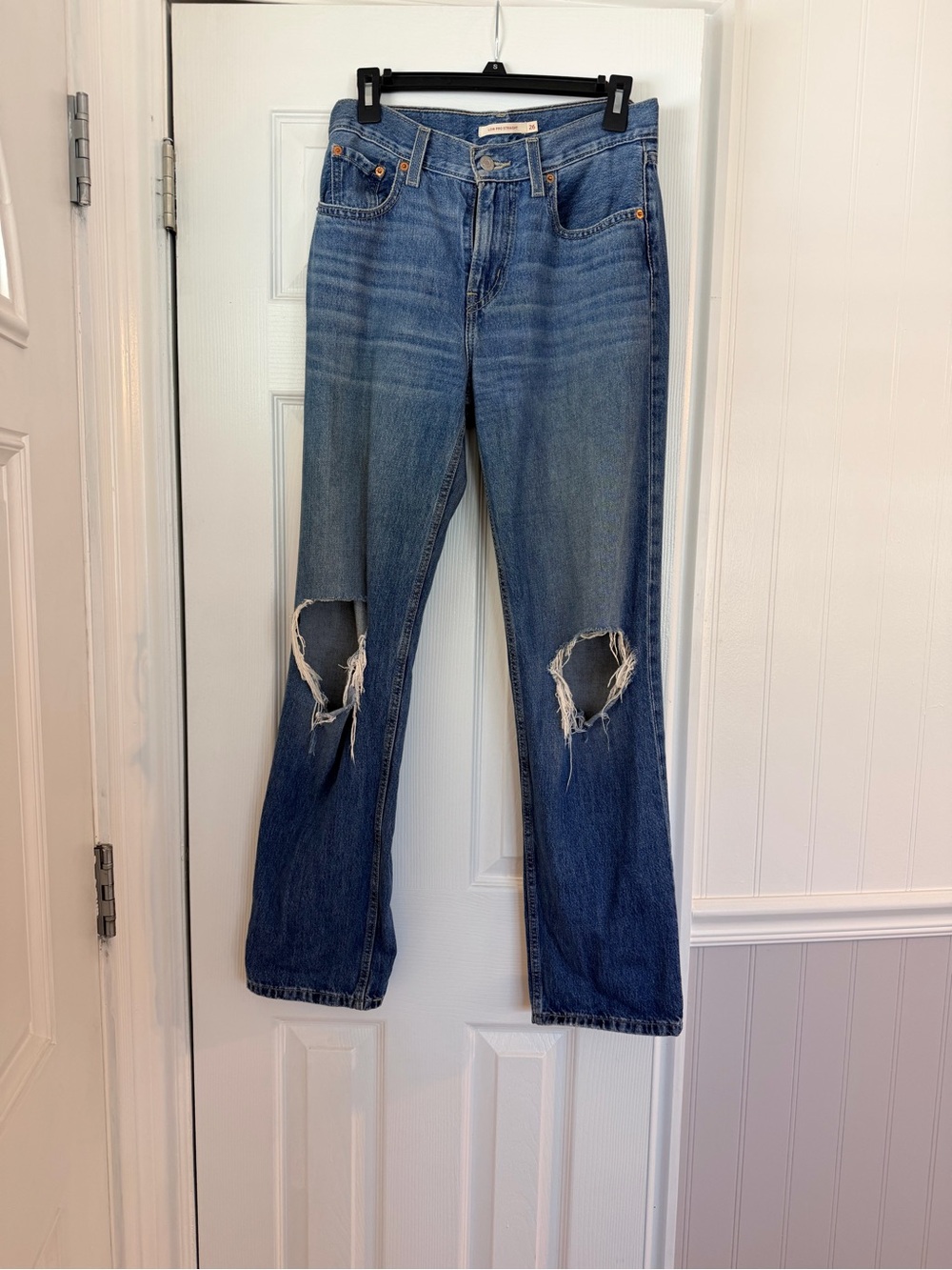 American Eagle Outfitters Distressed Medium Blue Straight-Leg Jeans